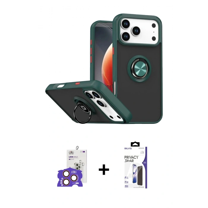 MARSİLYAN™- iPhone 17 Pro Max Kılıf Yörünge Çizgi - Siyah Bilvis 3X AR Hayalet Cam Ekran Koruyucu + Bilvis Titan Kamera Lens - TU