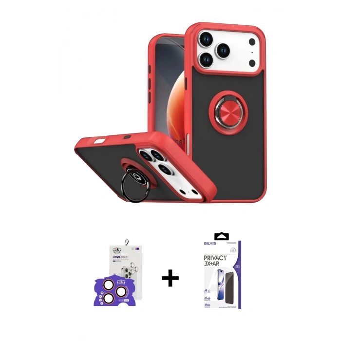 MARSİLYAN™- iPhone 17 Pro Max Kılıf Yörünge Çizgi - Siyah Bilvis 3X AR Hayalet Cam Ekran Koruyucu + Bilvis Titan Kamera Lens - TU