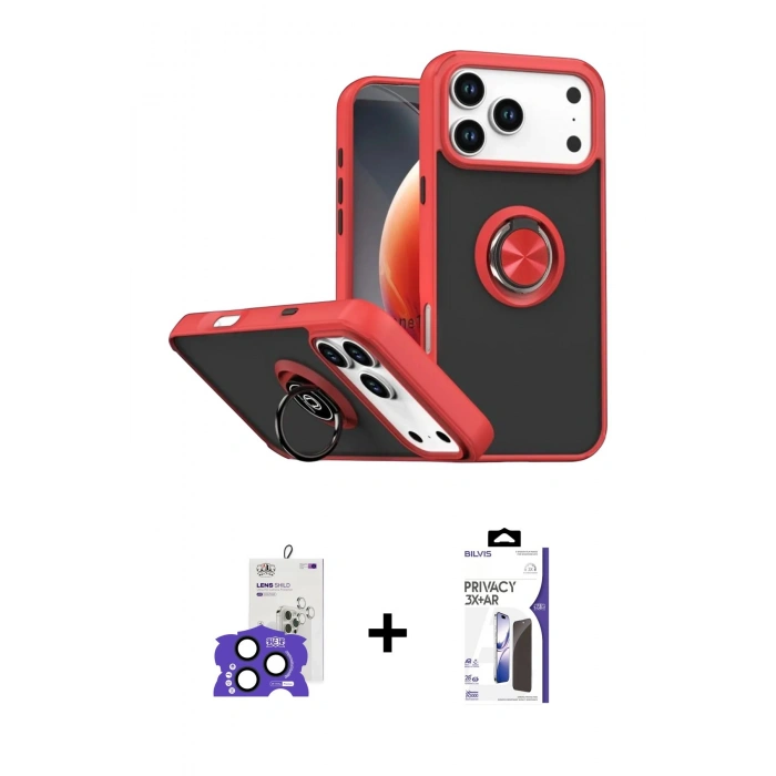 MARSİLYAN™- iPhone 17 Pro Max Kılıf Yörünge Çizgi - Siyah Bilvis 3X AR Hayalet Cam Ekran Koruyucu + Bilvis Titan Kamera Lens - LT