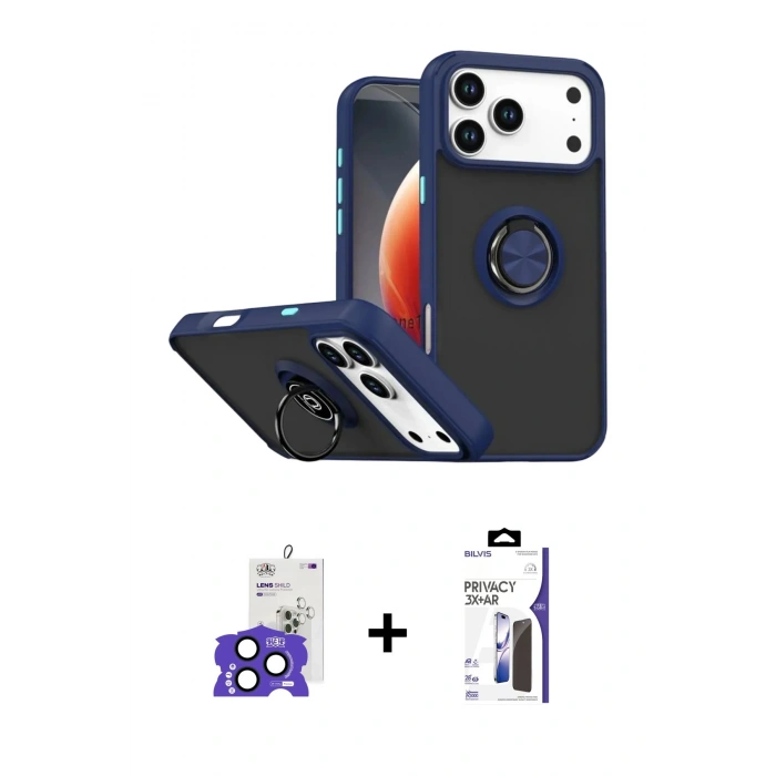 MARSİLYAN™- iPhone 17 Pro Max Kılıf Yörünge Çizgi - Siyah Bilvis 3X AR Hayalet Cam Ekran Koruyucu + Bilvis Titan Kamera Lens - LT
