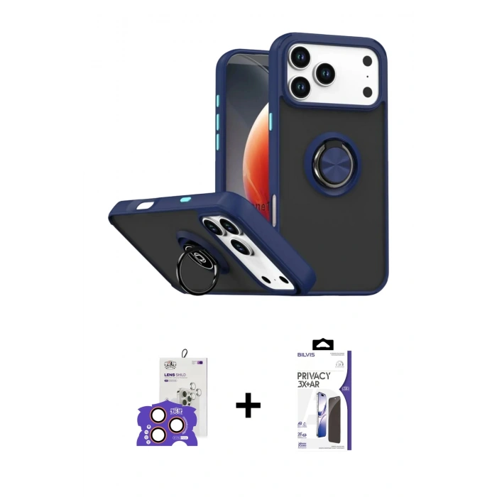 MARSİLYAN™- iPhone 17 Pro Max Kılıf Yörünge Çizgi - Siyah Bilvis 3X AR Hayalet Cam Ekran Koruyucu + Bilvis Titan Kamera Lens - TU