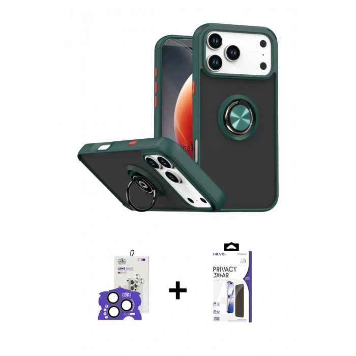MARSİLYAN™- iPhone 17 Pro Max Kılıf Yörünge Çizgi - Siyah Bilvis 3X AR Hayalet Cam Ekran Koruyucu + Bilvis Titan Kamera Lens - NLGY