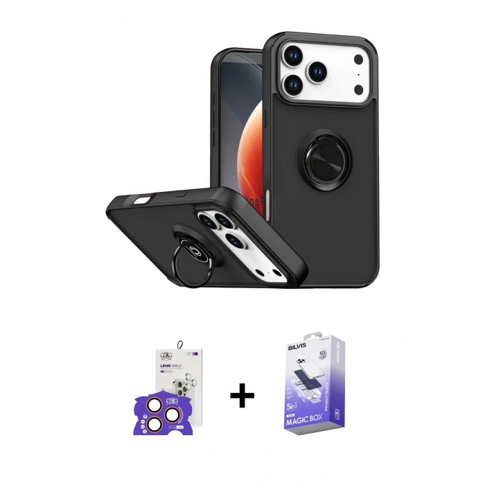 MARSİLYAN™- iPhone 17 Pro Max Kılıf Yörünge Çizgi - Siyah Bilvis 5in1 5D Magic Hayalet Cam Ekran Koruyucu + Bilvis Titan Kamera Lens - TU