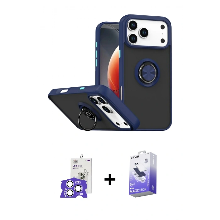 MARSİLYAN™- iPhone 17 Pro Max Kılıf Yörünge Çizgi - Siyah Bilvis 5in1 5D Magic Hayalet Cam Ekran Koruyucu + Bilvis Titan Kamera Lens - GS