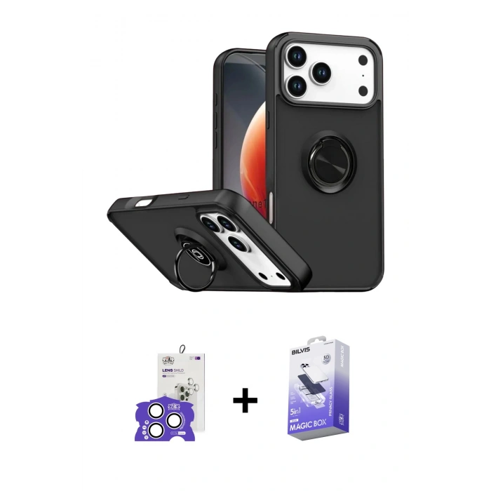 MARSİLYAN™- iPhone 17 Pro Max Kılıf Yörünge Çizgi - Siyah Bilvis 5in1 5D Magic Hayalet Cam Ekran Koruyucu + Bilvis Titan Kamera Lens - GS