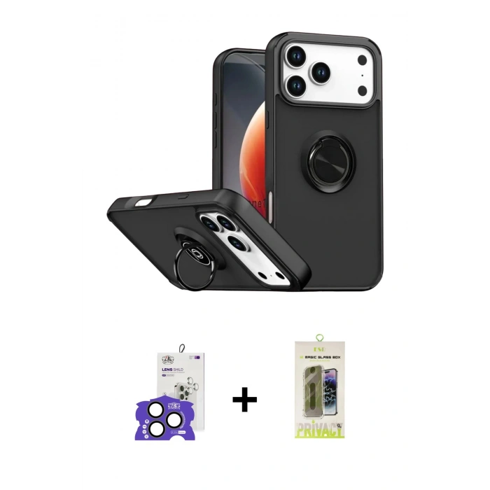 MARSİLYAN™- iPhone 17 Pro Max Kılıf Yörünge Çizgi - Siyah Joko Magic 5D Hayalet Cam + Natural Grey Bilvis Titan Kamera Lens