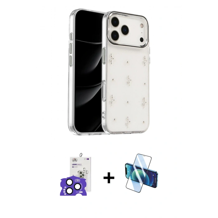 MARSİLYAN™- iPhone 17 Pro Max Kılıf Yörünge Form - Siyah 3D Antistatik Cam Ekran Koruyucu + Bilvis Titan Kamera Lens - LT