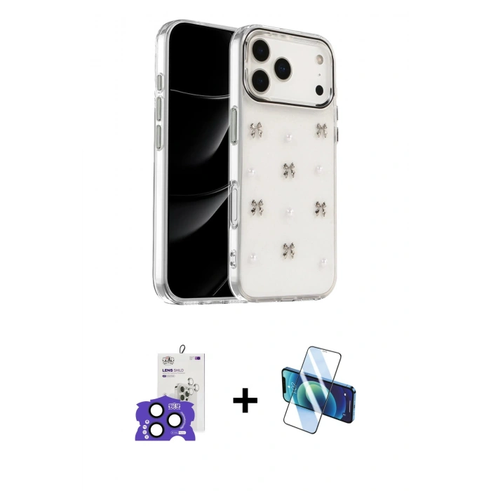 MARSİLYAN™- iPhone 17 Pro Max Kılıf Yörünge Form - Siyah 3D Antistatik Cam Ekran Koruyucu + Bilvis Titan Kamera Lens - LT