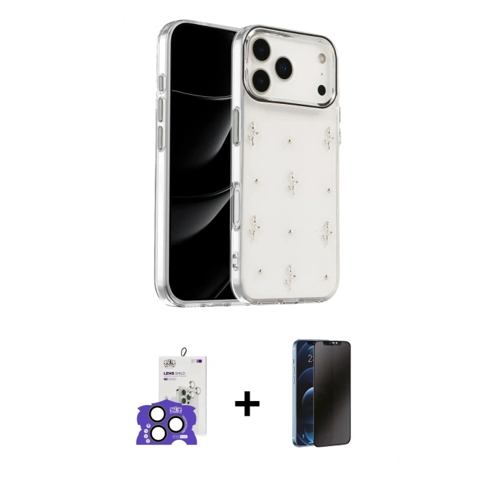 MARSİLYAN™- iPhone 17 Pro Max Kılıf Yörünge Form - Siyah 3D Antistatik Hayalet Cam Ekran Koruyucu + Bilvis Titan Kamera Lens - NLGY