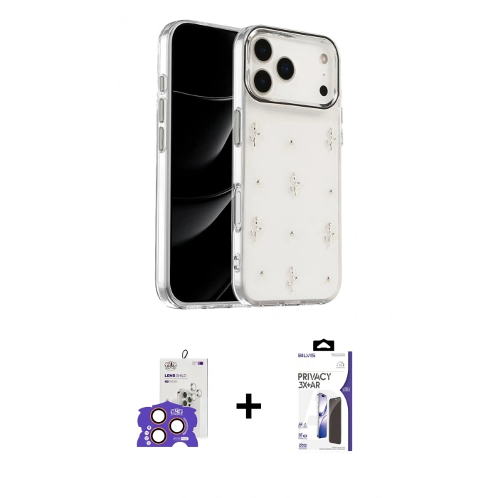 MARSİLYAN™- iPhone 17 Pro Max Kılıf Yörünge Form - Siyah Bilvis 3X AR Hayalet Cam Ekran Koruyucu + Bilvis Titan Kamera Lens - TU