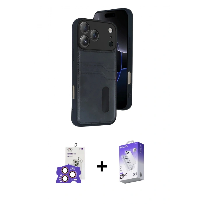 MARSİLYAN™- iPhone 17 Pro Max Kılıf Yörünge Işık Serisi - Siyah Bilvis 5in1 3D Magic Cam Ekran Koruyucu + Turuncu Bilvis Titan Kamera Lens