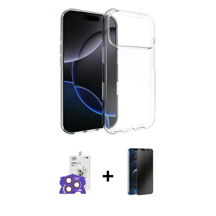 MARSİLYAN™- iPhone 17 Pro Max Kılıf Zirve Doku - Siyah 3D Antistatik Hayalet Cam Ekran Koruyucu + Bilvis Titan Kamera Lens - TU
