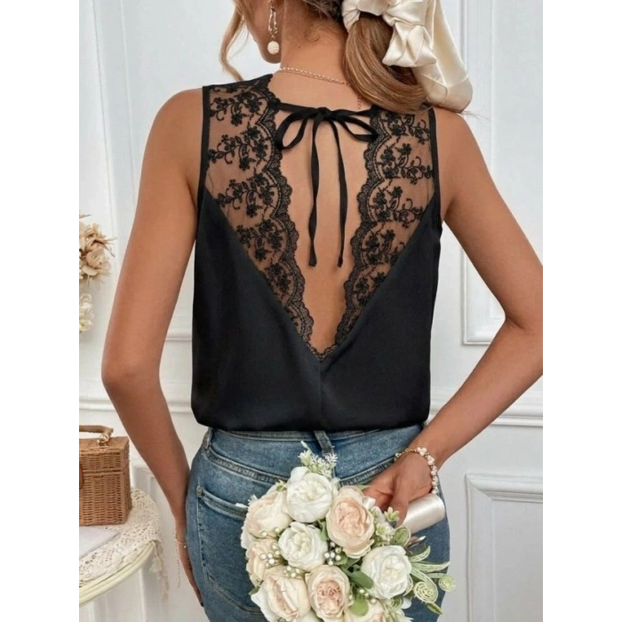 MARSiLYAN- Kadı Askılı V Dantel Yakalı Sırttan Bağcıklı Sandy Bluz