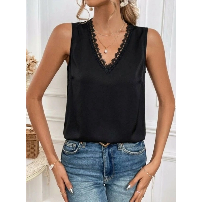 MARSiLYAN- Kadı Askılı V Dantel Yakalı Sırttan Bağcıklı Sandy Bluz