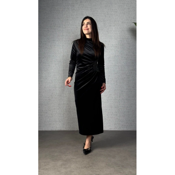 MARSiLYAN- Kadı Uzun Kollu Omuzdan Büzgülü Yandan Taş Detaylı Uzun Kadife Elbise