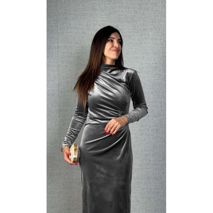 MARSiLYAN- Kadı Uzun Kollu Omuzdan Büzgülü Yandan Taş Detaylı Uzun Kadife Elbise