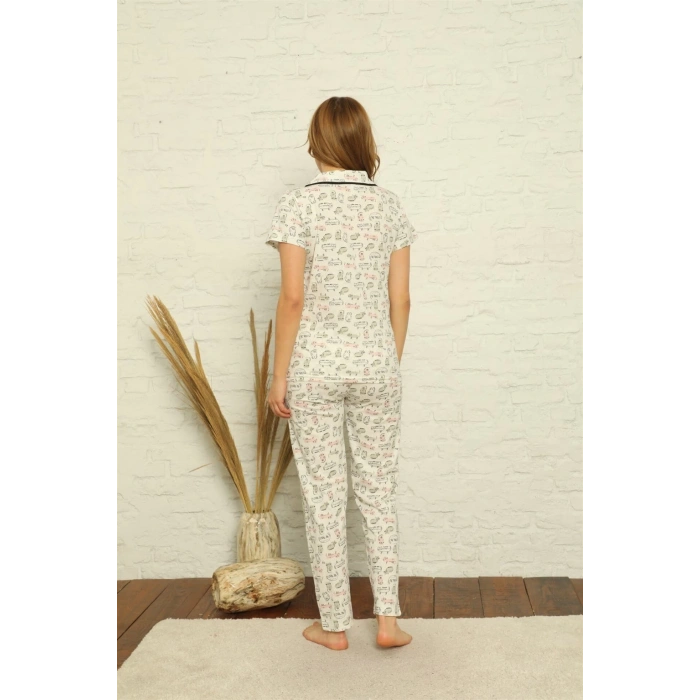 MARSiLYAN- Kadın %100 Pamuk Önden Düğmeli Kısa Kol Pijama Takım Ekru