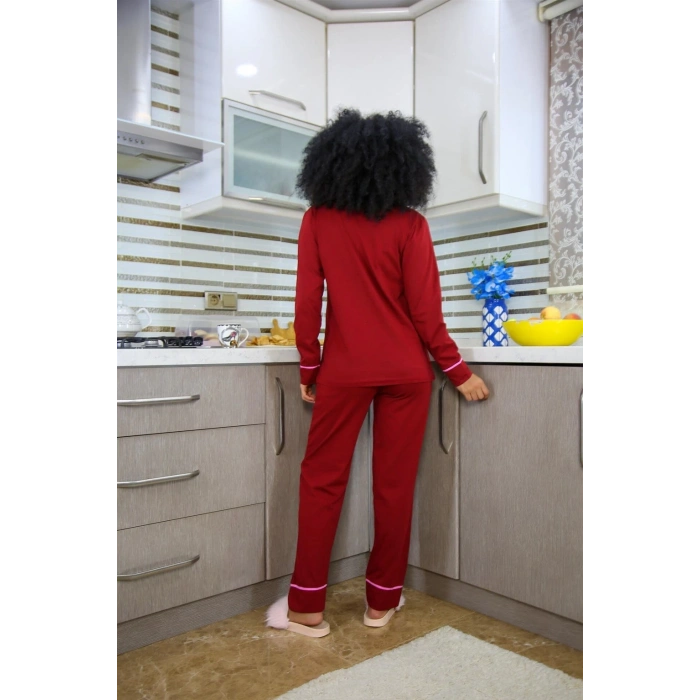 MARSiLYAN- Kadın %100 Pamuk Penye Önden Düğmeli Uzun Kol Pijama Takım Bordo