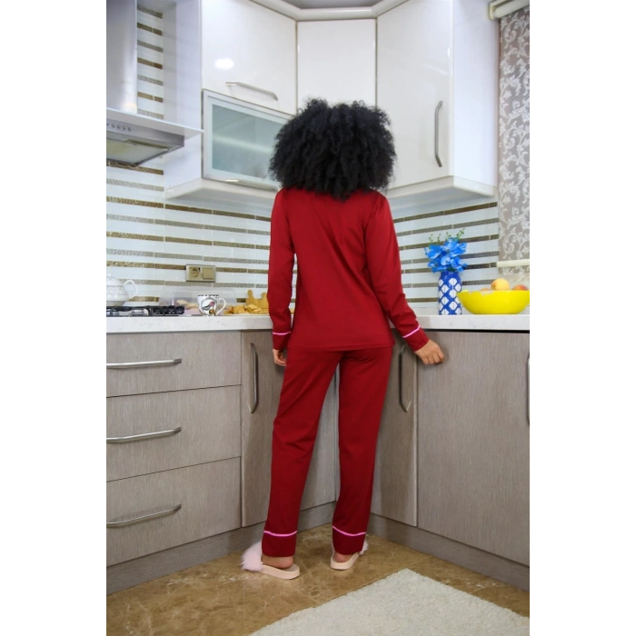 MARSiLYAN- Kadın %100 Pamuk Penye Önden Düğmeli Uzun Kol Pijama Takım Bordo