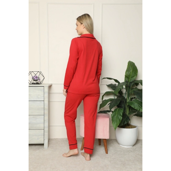 MARSiLYAN- Kadın %100 Pamuk Penye Önden Düğmeli Uzun Kol Pijama Takım Kırmızı