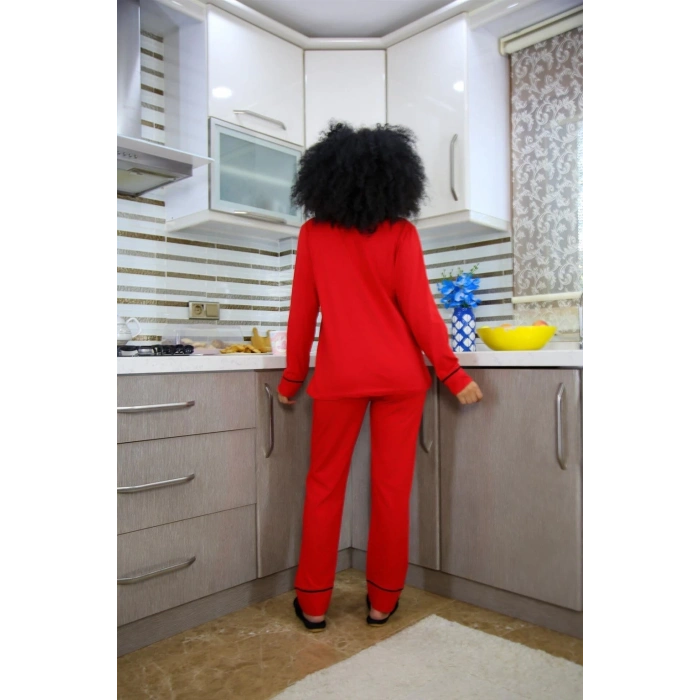 MARSiLYAN- Kadın %100 Pamuk Penye Önden Düğmeli Uzun Kol Pijama Takım Kırmızı