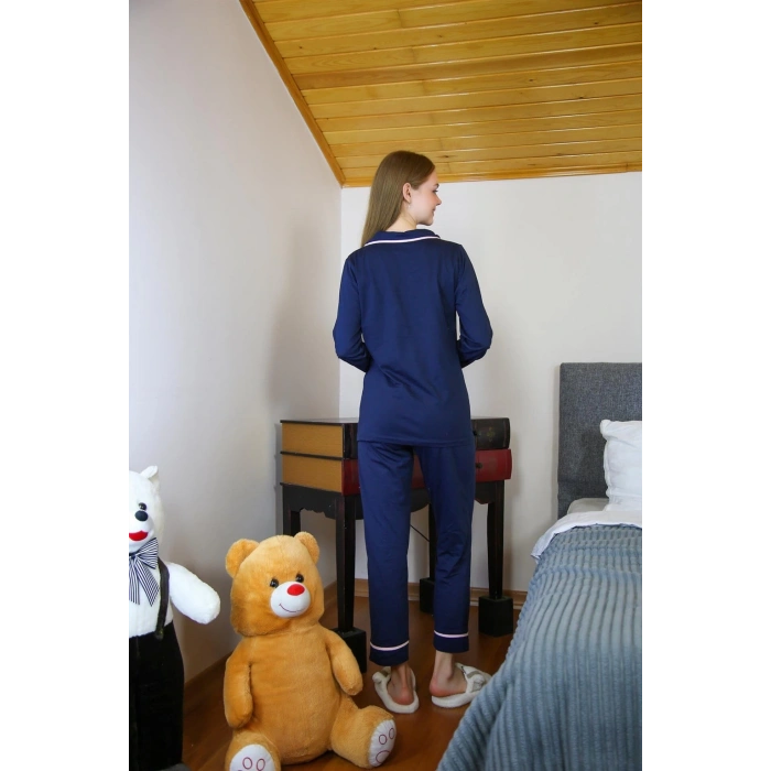MARSiLYAN- Kadın %100 Pamuk Penye Önden Düğmeli Uzun Kol Pijama Takım Lacivert