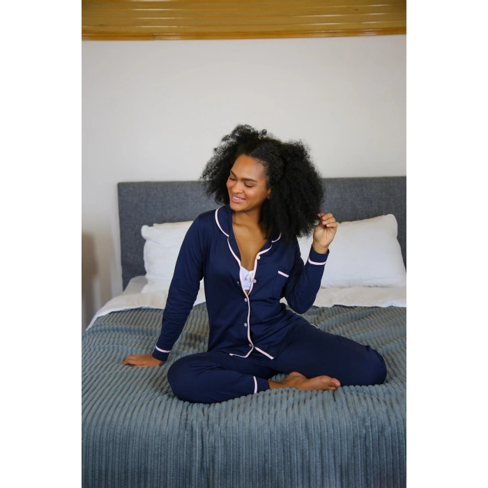 MARSiLYAN- Kadın %100 Pamuk Penye Önden Düğmeli Uzun Kol Pijama Takım Lacivert