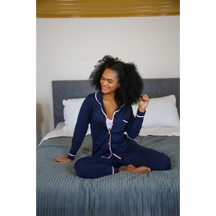 MARSiLYAN- Kadın %100 Pamuk Penye Önden Düğmeli Uzun Kol Pijama Takım Lacivert