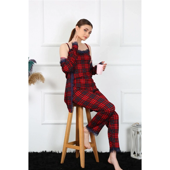 MARSiLYAN- Kadın 3lü Ekoseli Sabahlık Takım Kırmızı