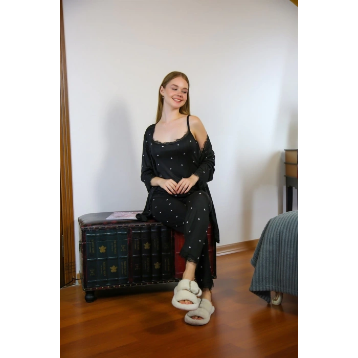 MARSiLYAN- Kadın 3lü Sabahlık Pijama Takım Siyah