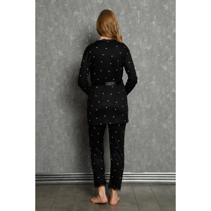 MARSiLYAN- Kadın 3lü Sabahlık Pijama Takım Siyah