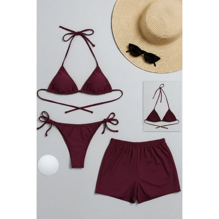 MARSiLYAN- Kadın 3lü Set Bordo Şortlu ve Yandan Bağlamalı Bikini Mayo Takımı