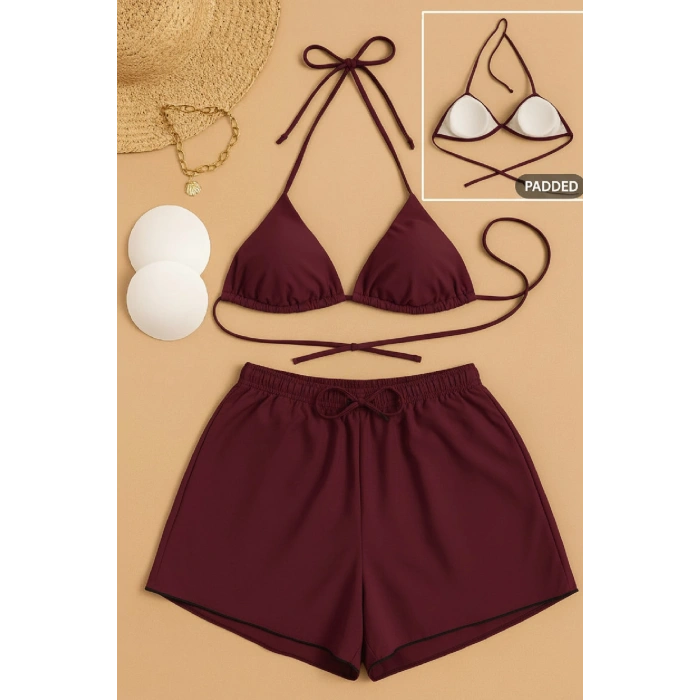MARSiLYAN- Kadın 3lü Set Bordo Şortlu ve Yandan Bağlamalı Bikini Mayo Takımı