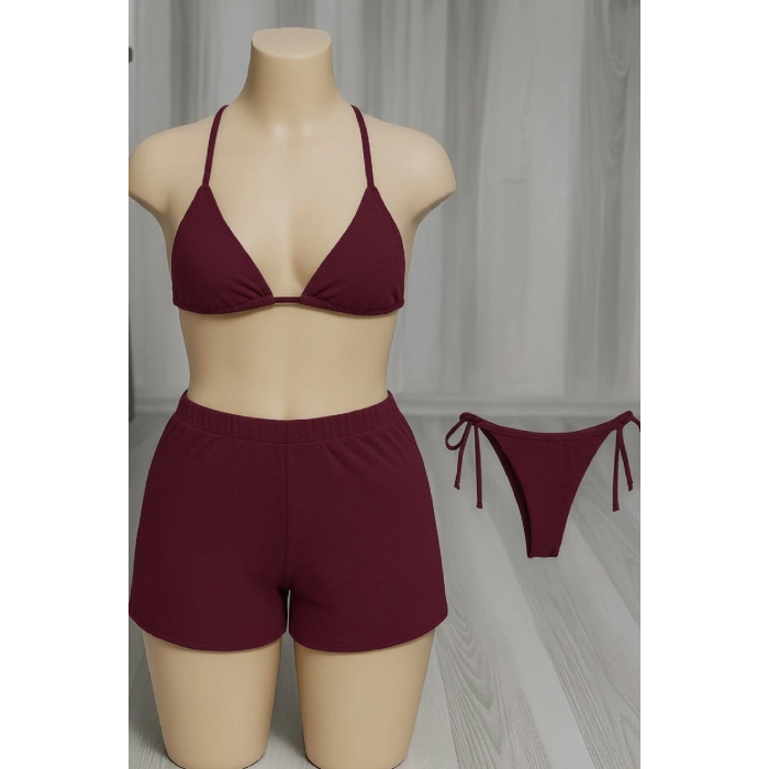 MARSiLYAN- Kadın 3lü Set Bordo Şortlu ve Yandan Bağlamalı Bikini Mayo Takımı