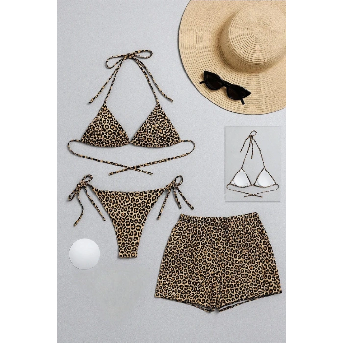 MARSiLYAN- Kadın 3lü Set Leopar Desenli Şortlu ve Yandan Bağlamalı Bikini Mayo Takımı