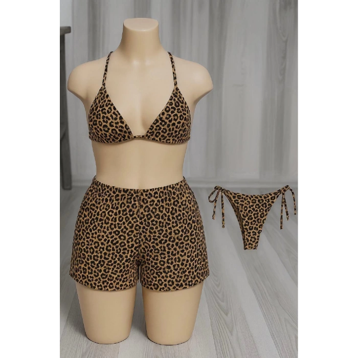 MARSiLYAN- Kadın 3lü Set Leopar Desenli Şortlu ve Yandan Bağlamalı Bikini Mayo Takımı