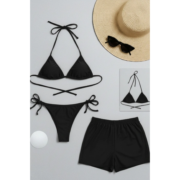 MARSiLYAN- Kadın 3lü Set Siyah Şortlu ve Yandan Bağlamalı Bikini Mayo Takımı