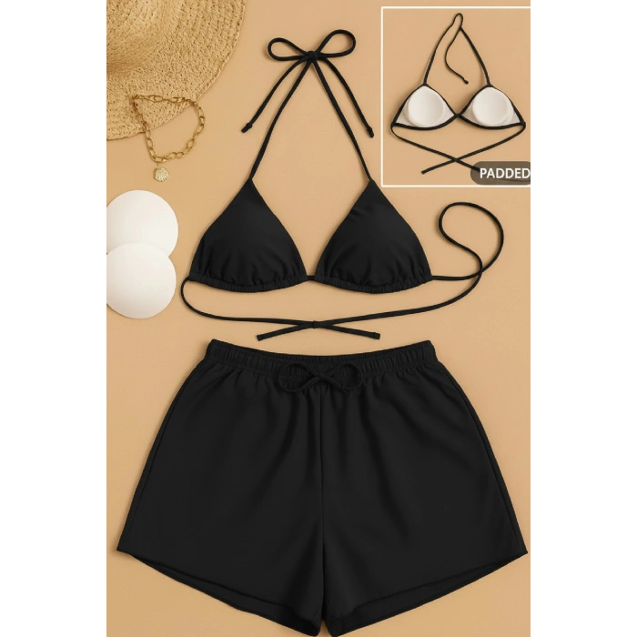 MARSiLYAN- Kadın 3lü Set Siyah Şortlu ve Yandan Bağlamalı Bikini Mayo Takımı