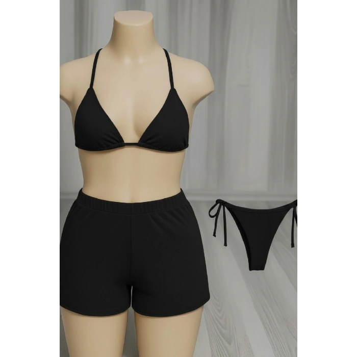 MARSiLYAN- Kadın 3lü Set Siyah Şortlu ve Yandan Bağlamalı Bikini Mayo Takımı