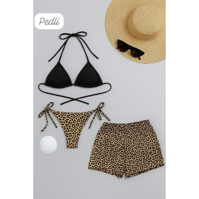 MARSiLYAN- Kadın 3lü Set Siyah ve Leopar Desenli Şortlu Yandan Bağlamalı Bikini Mayo Takımı