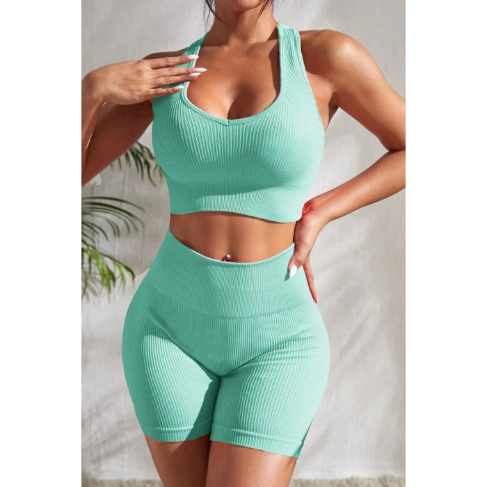 MARSiLYAN- Kadın Açık Mavi Yüksek Bel Çapraz Sırt Detaylı Şortlu Gecelik Takım