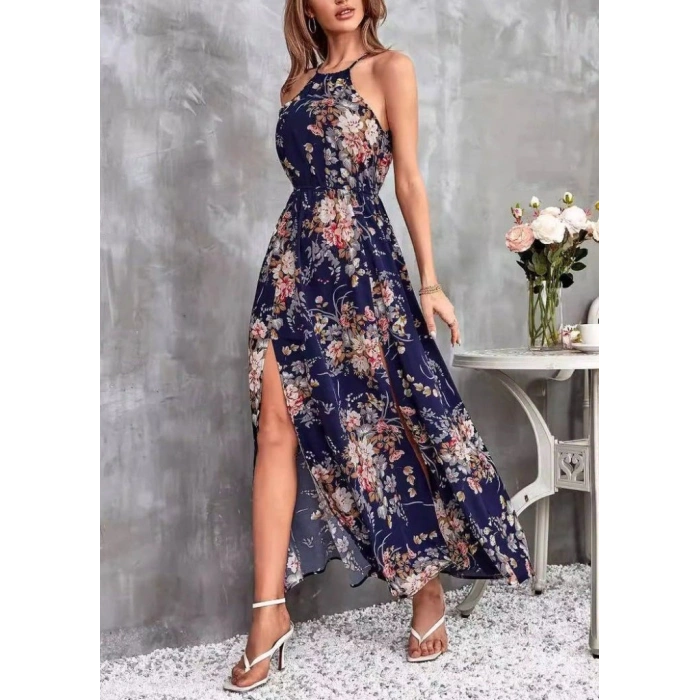 MARSiLYAN- Kadın Açık Omuz Halter Yaka Beli Lastikli Büzgü Detay önden Yırtmaçlı çiçek Desenli Süprem Elbise