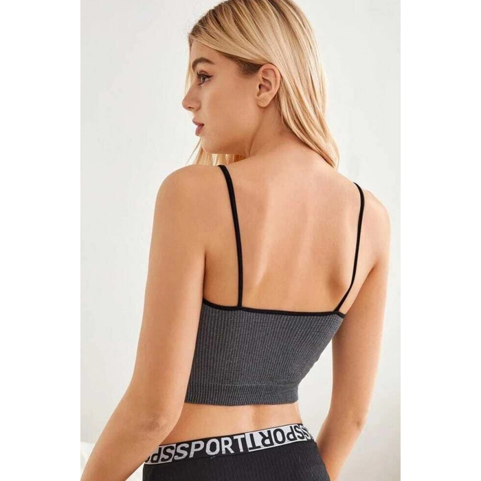 MARSiLYAN- Kadın Anstrasit Gri İp Askılı Crop Top Bluz