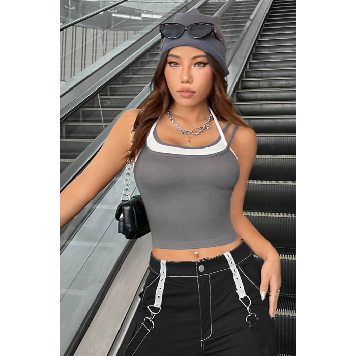 MARSiLYAN- Kadın Antrasit Gri Beyaz Çift Renk Çapraz Askılı Crop Top Bluz