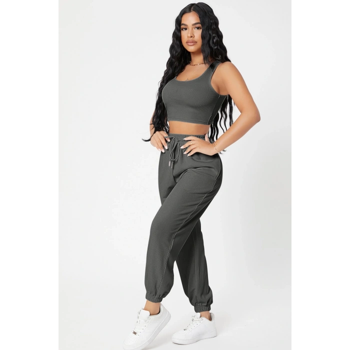 MARSiLYAN- Kadın Antrasit Gri Kaşkorse Cepli Jogger Eşofman Altı ve Crop Top Bluz