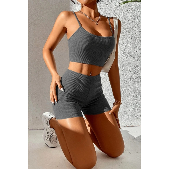 MARSiLYAN- Kadın Antrasit Gri Şortlu Kaşkorse Gecelik Takım