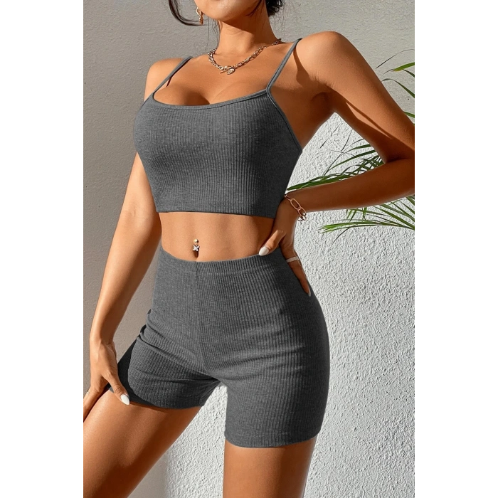 MARSiLYAN- Kadın Antrasit Gri Şortlu Kaşkorse Gecelik Takım
