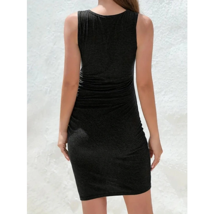 MARSiLYAN- Kadın Askılı Bisiklet Yaka Yandan Büzgülü önden çapraz Detay Viskon Kısa Elbise