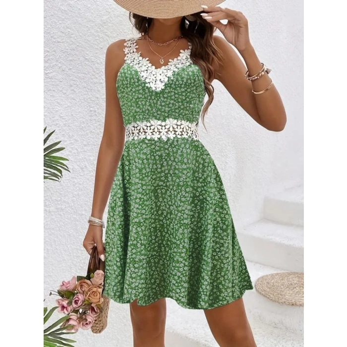 MARSiLYAN- Kadın Askılı Dantel Yakalı çiçek Desenli Süprem Elbise