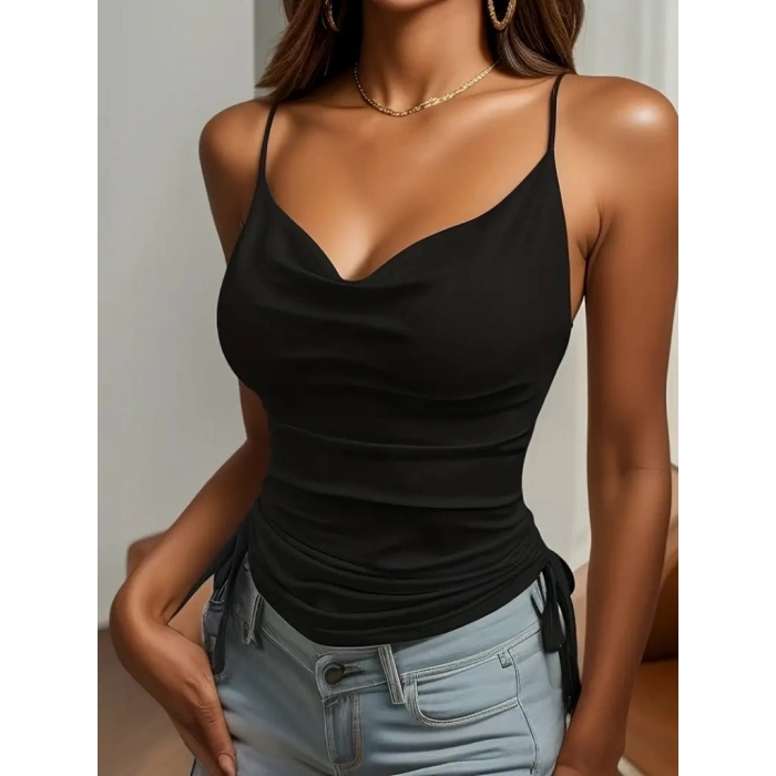 MARSiLYAN- Kadın Askılı Degaje Yaka Yanlardan Büzgülü Sandy Bluz